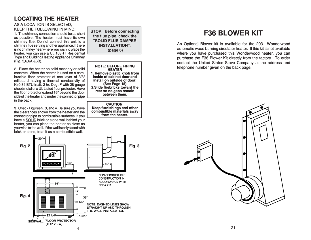 United States Stove 2931 owner manual F36 BLOWER KIT, Locating The Heater, STOP Before connecting the flue pipe, check the 