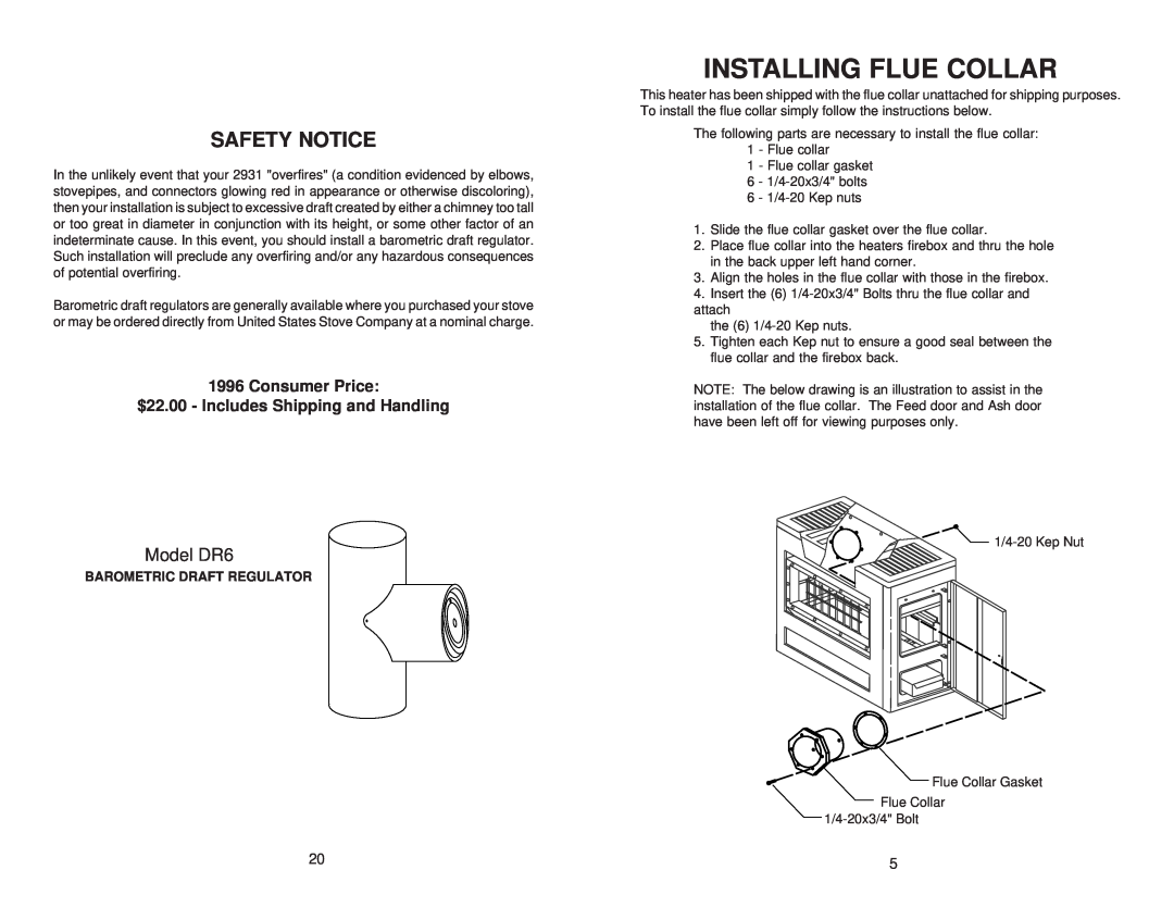 United States Stove 2931 Installing Flue Collar, Safety Notice, Consumer Price, $22.00 - Includes Shipping and Handling 