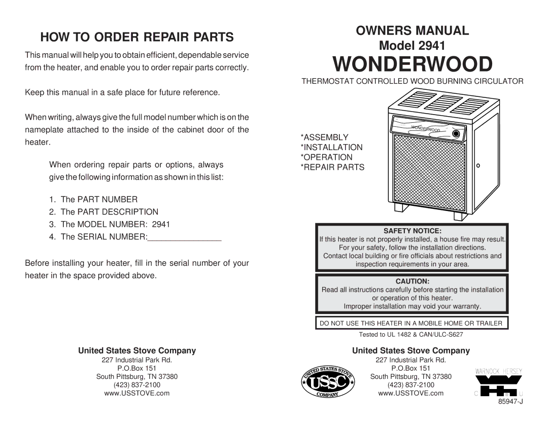 United States Stove 2941 owner manual HOW to Order Repair Parts, Safety Notice 