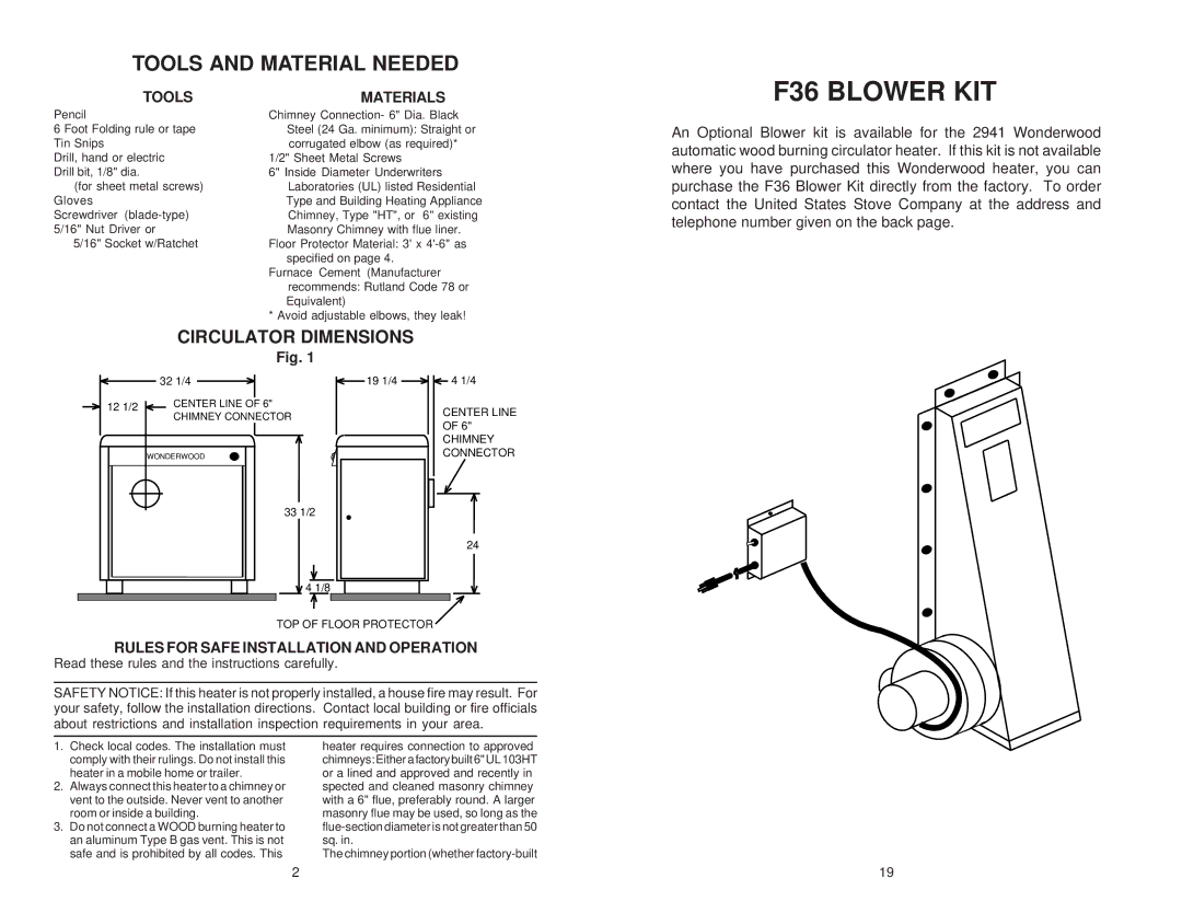 United States Stove 2941 owner manual Tools and Material Needed, Circulator Dimensions, Tools Materials 