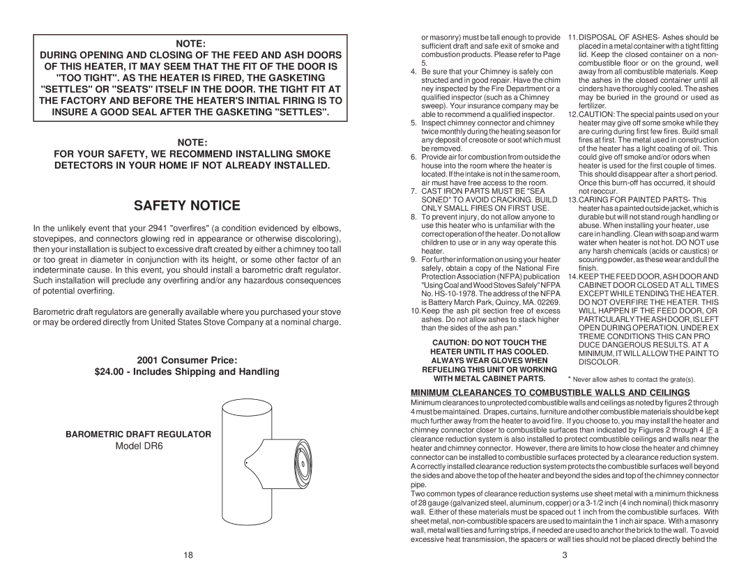 United States Stove 2941 owner manual Safety Notice, Consumer Price $24.00 Includes Shipping and Handling 