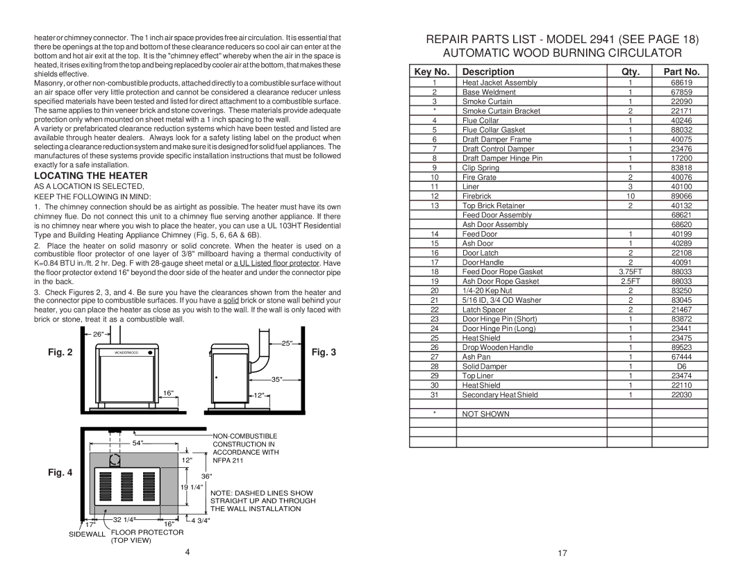 United States Stove 2941 owner manual Locating the Heater, Description Qty 