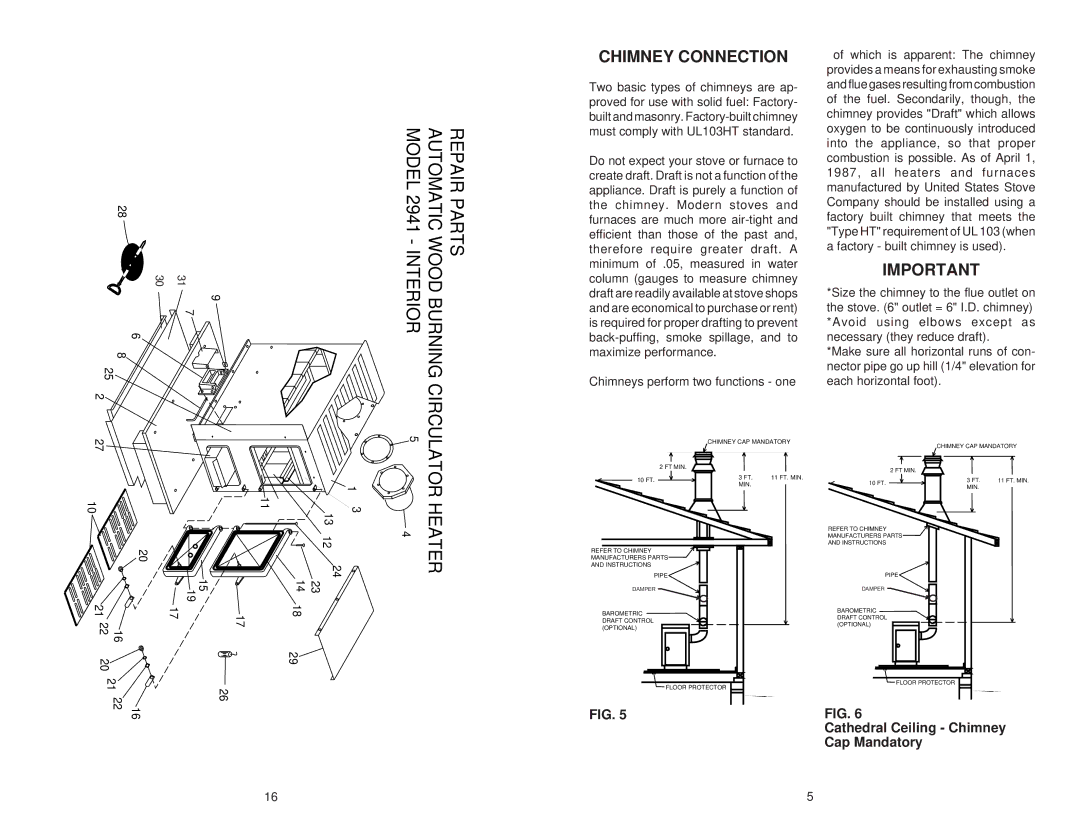 United States Stove 2941 owner manual Chimney Connection, Cathedral Ceiling Chimney Cap Mandatory 