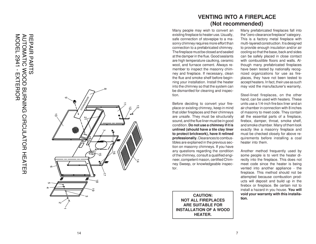 United States Stove 2941 owner manual Venting Into a Fireplace, Not recommended 