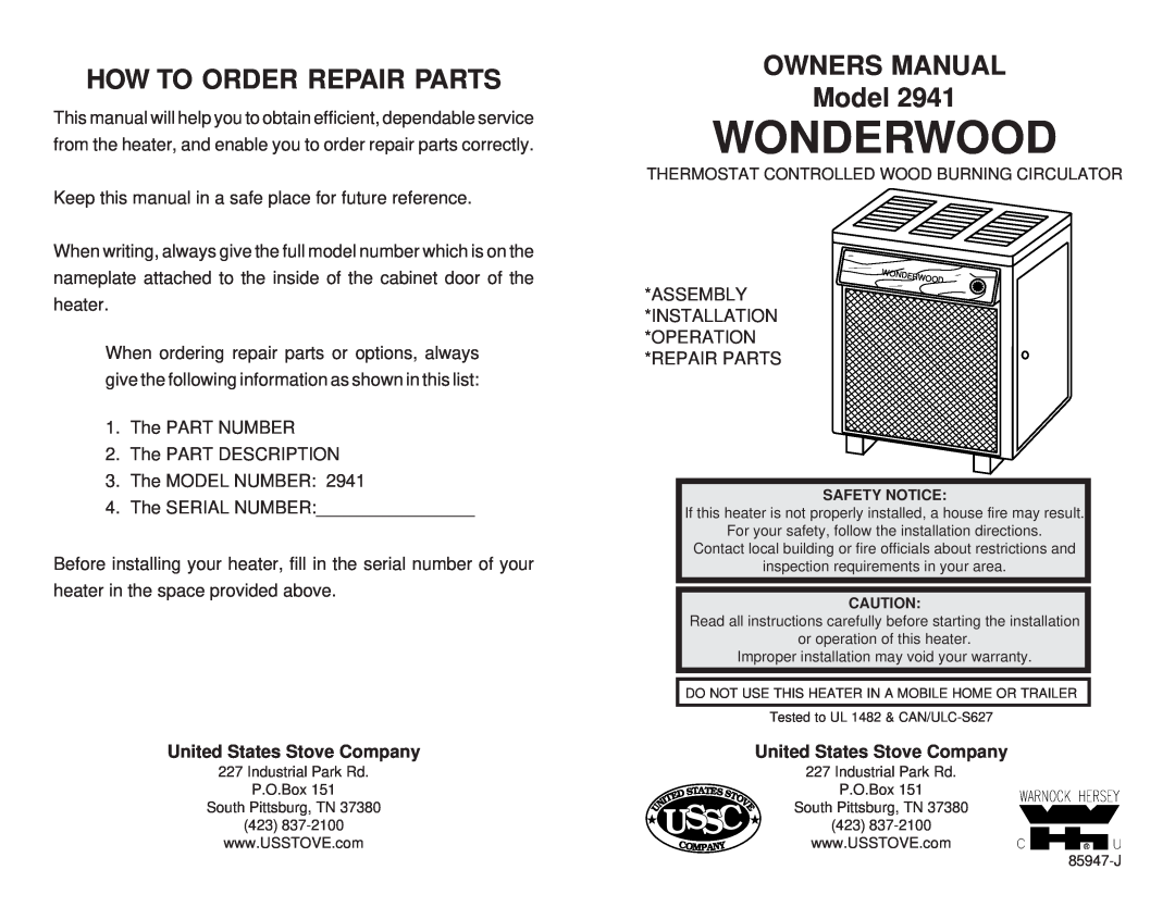 United States Stove 2941 owner manual How To Order Repair Parts, United States Stove Company, Wonderwood, Ussc 