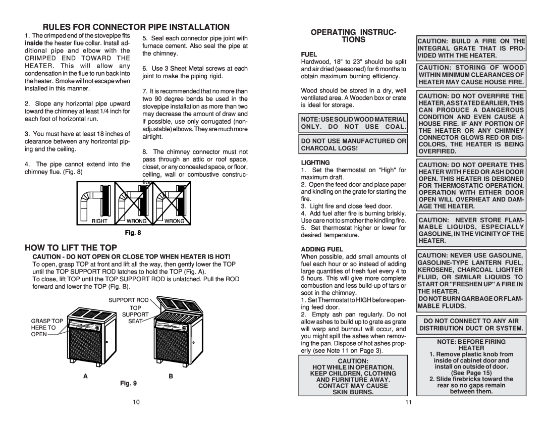 United States Stove 2941 owner manual Rules For Connector Pipe Installation, How To Lift The Top, Operating Instruc, Tions 