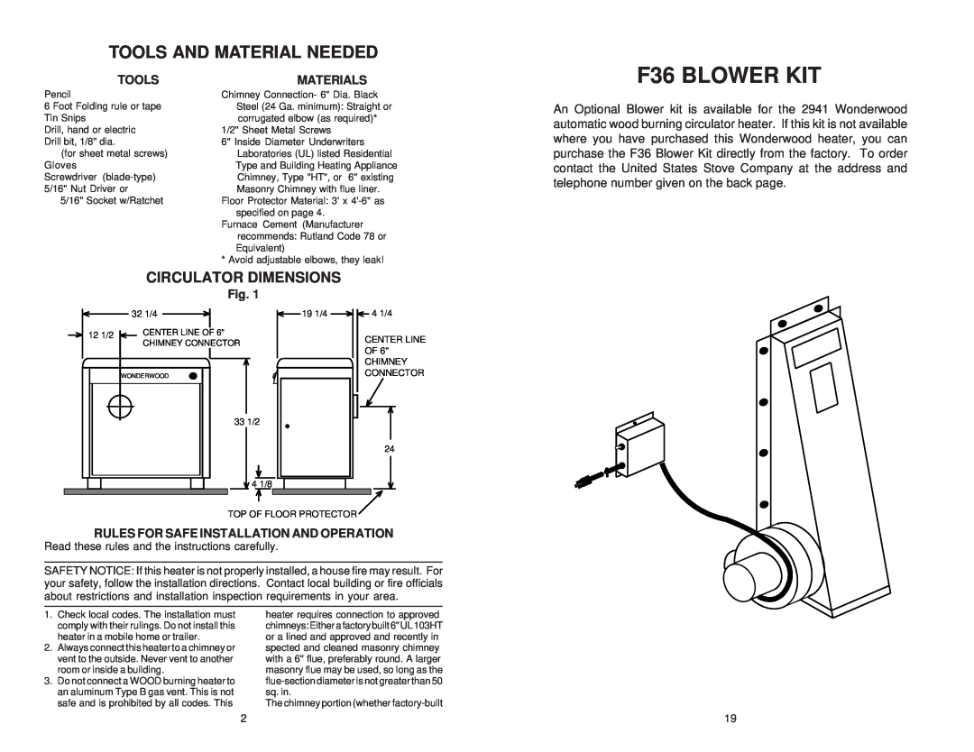 United States Stove 2941 owner manual F36 BLOWER KIT, Tools And Material Needed, Circulator Dimensions, Materials 
