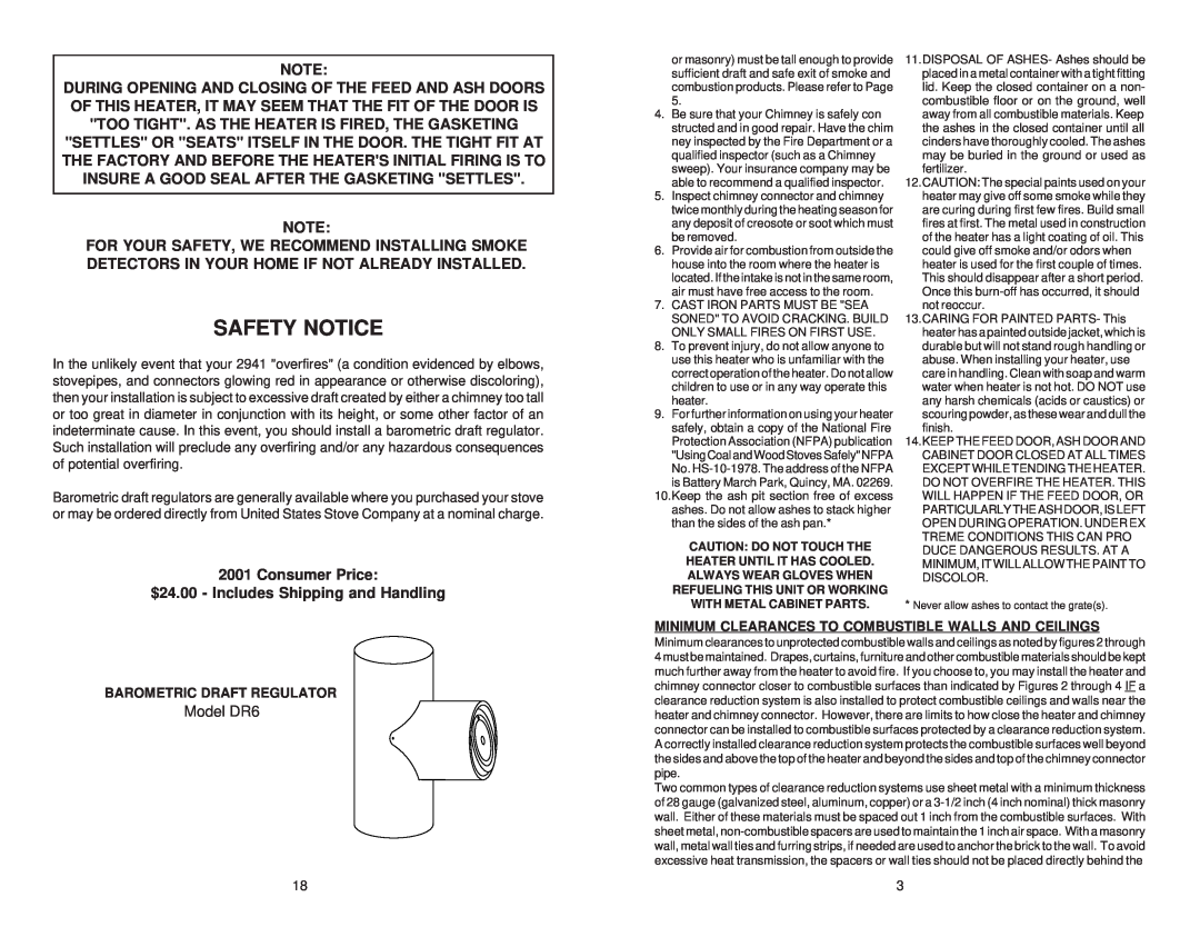 United States Stove 2941 owner manual Safety Notice, Consumer Price, $24.00 - Includes Shipping and Handling 