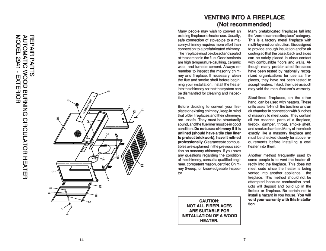 United States Stove owner manual VENTING INTO A FIREPLACE Not recommended, AUTOMATIC WOOD BURNING MODEL 2941 - EXTERIOR 
