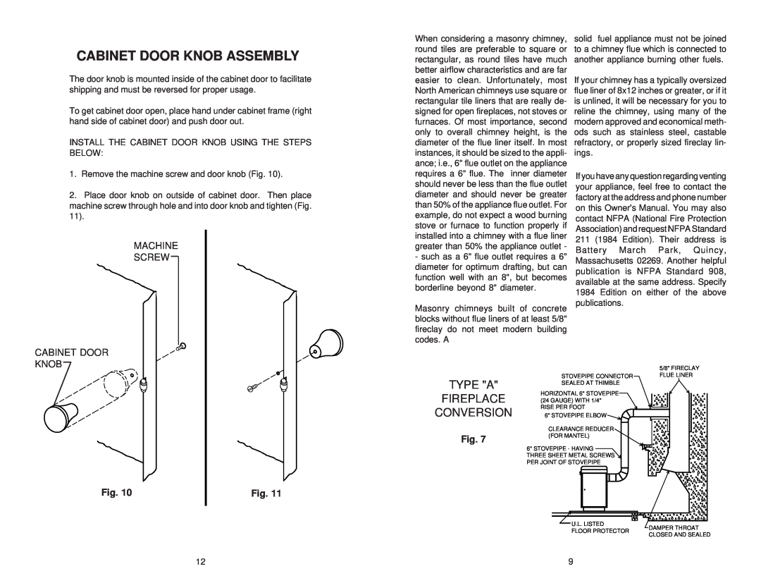 United States Stove 2941 owner manual Cabinet Door Knob Assembly, Type A Fireplace Conversion 