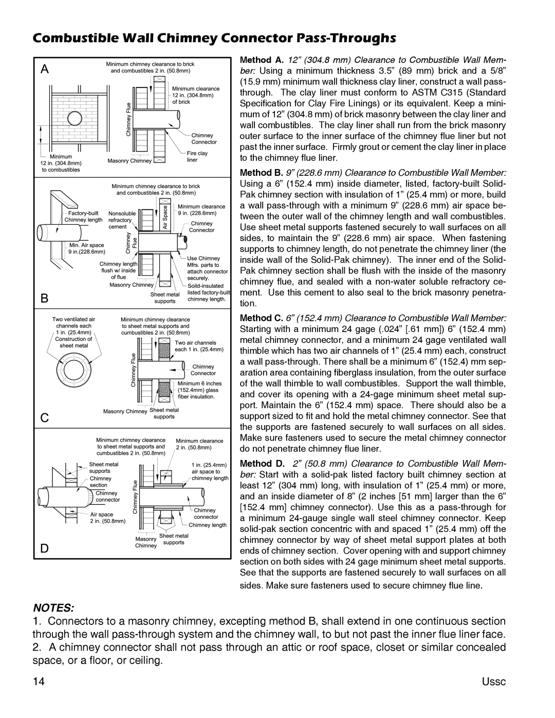 United States Stove 3000 (L) instruction manual Combustible Wall Chimney Connector Pass-Throughs 