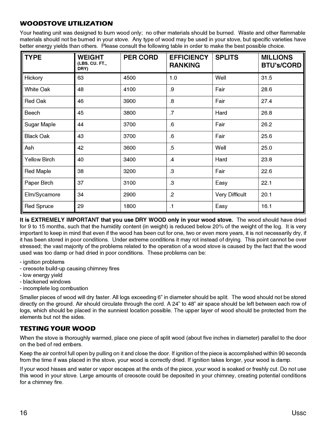 United States Stove 3000 (L) instruction manual Woodstove Utilization, BTU’s/CORD, Testing Your Wood 