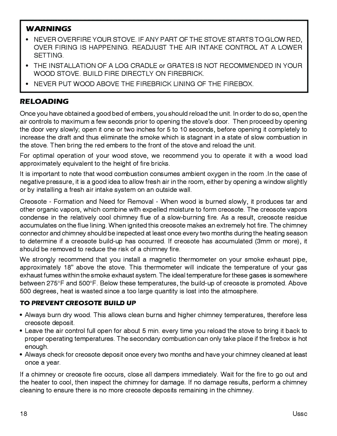 United States Stove 3000 (L) instruction manual Reloading, To Prevent Creosote Build UP 