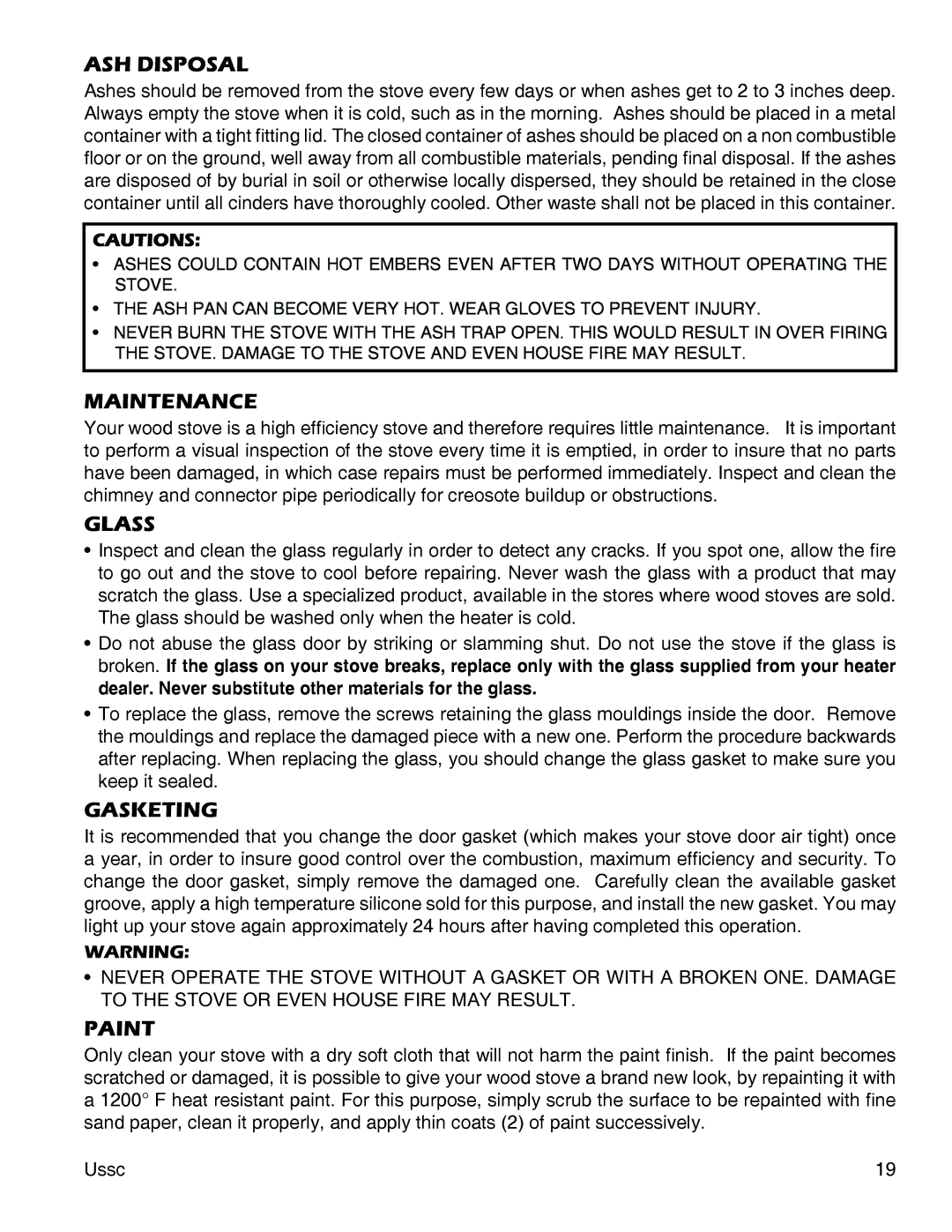 United States Stove 3000 (L) instruction manual ASH Disposal, Maintenance, Glass, Gasketing, Paint 