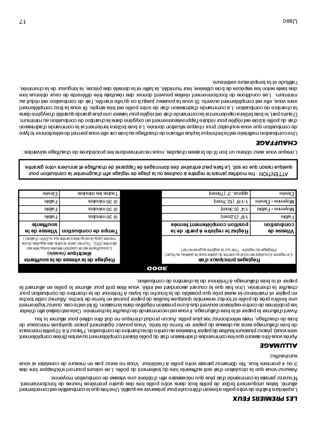 United States Stove 3000 (L) instruction manual Feux Premiers LES, Extérieure température la et laltitude 