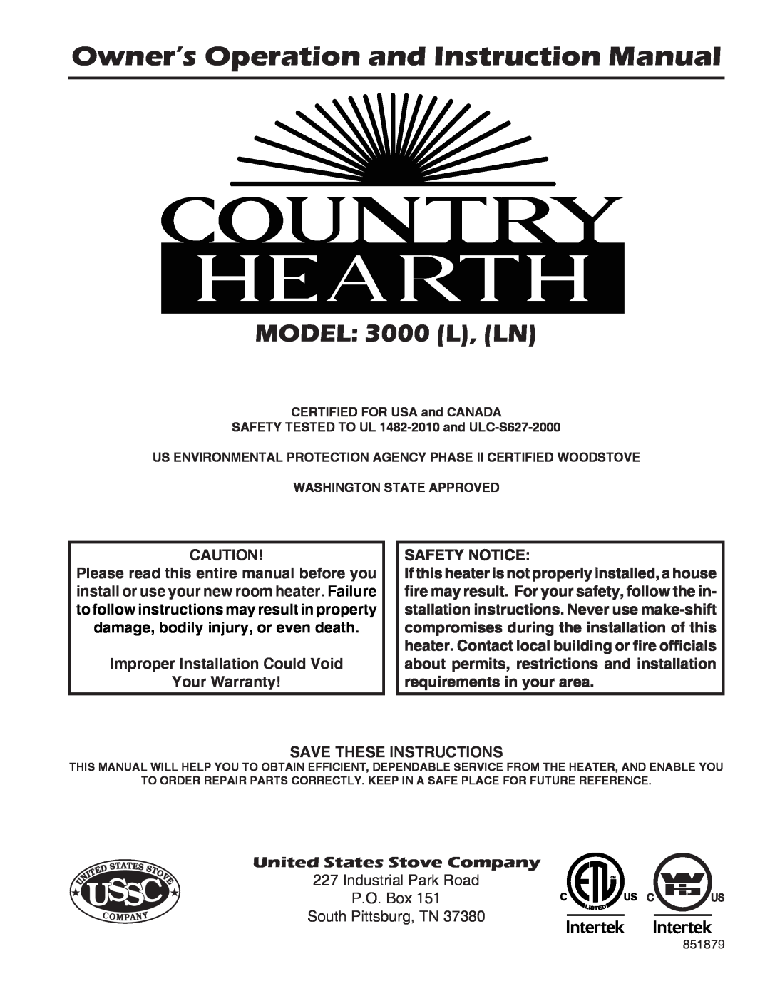 United States Stove 3000 (L) instruction manual MODEL 3000 L, LN, Ussc, United States Stove Company 