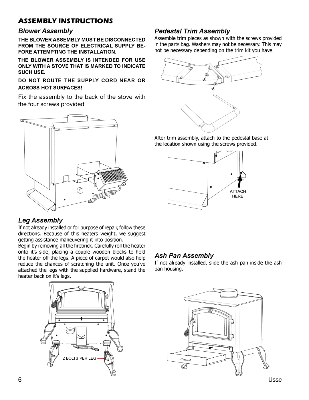 United States Stove 3000 (L) Assembly Instructions, Blower Assembly, Pedestal Trim Assembly, Leg Assembly 