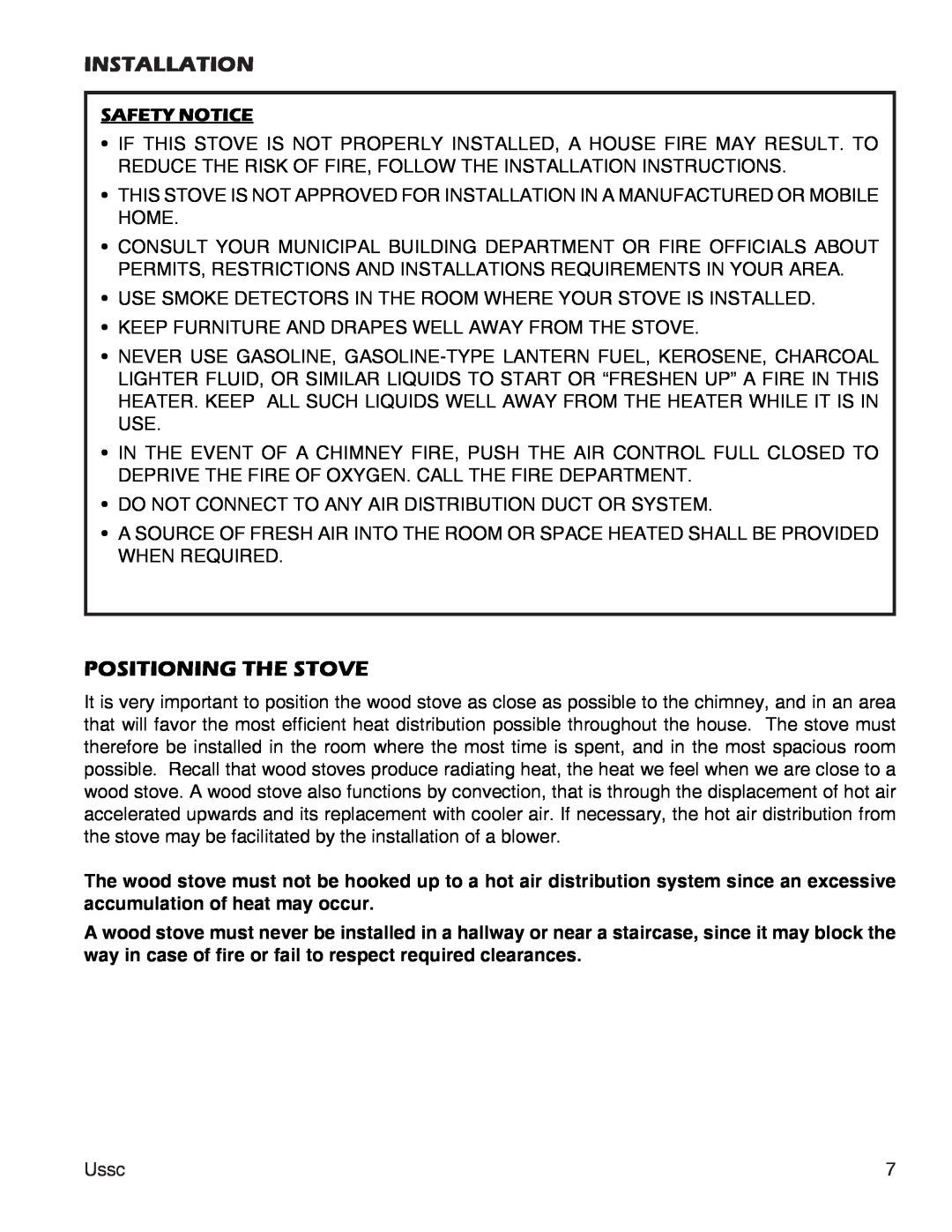United States Stove 3000 (L) instruction manual Installation, Positioning The Stove, Safety Notice 