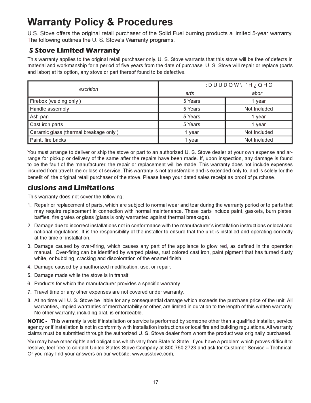 United States Stove 3700PB, 3500PB owner manual Warranty Policy & Procedures, Stove Limited Warranty 