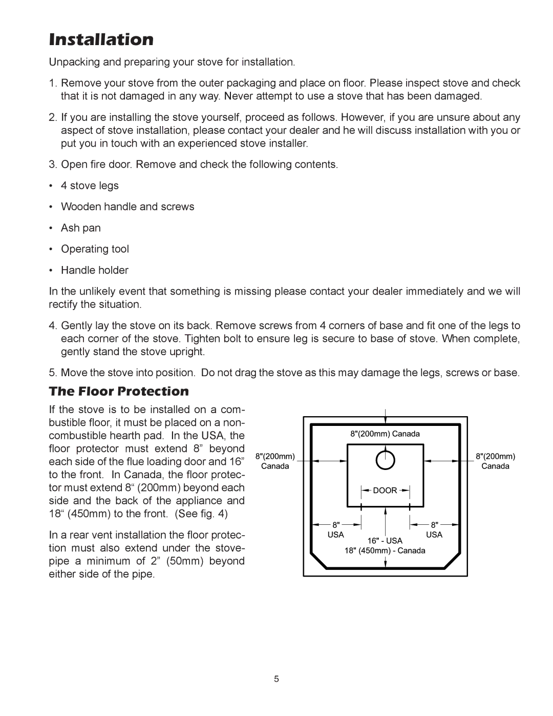 United States Stove 3700PB, 3500PB owner manual Installation, Floor Protection 