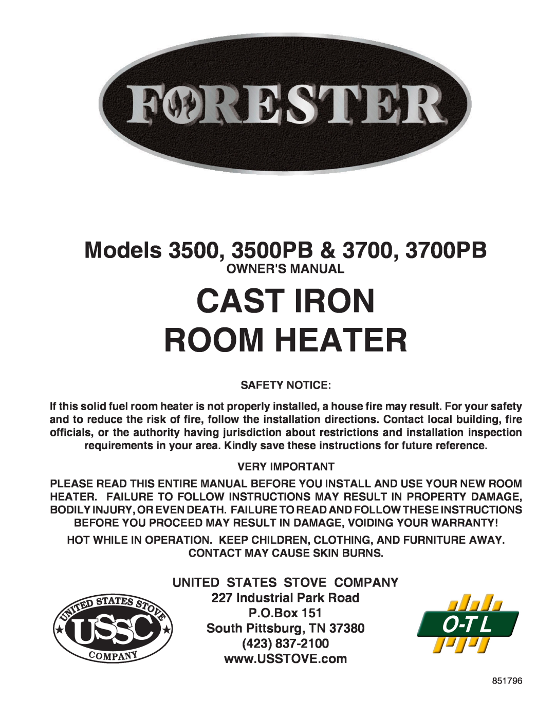 United States Stove owner manual Cast Iron Room Heater, Ussc, Models 3500, 3500PB & 3700, 3700PB 
