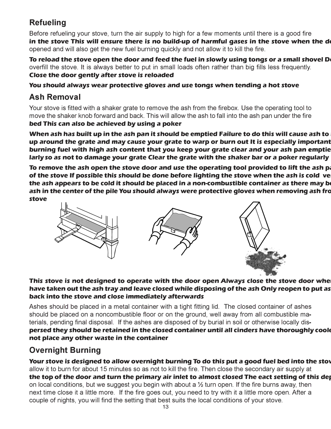 United States Stove 3800PB, 3600PB owner manual Refueling, Ash Removal, Overnight Burning 