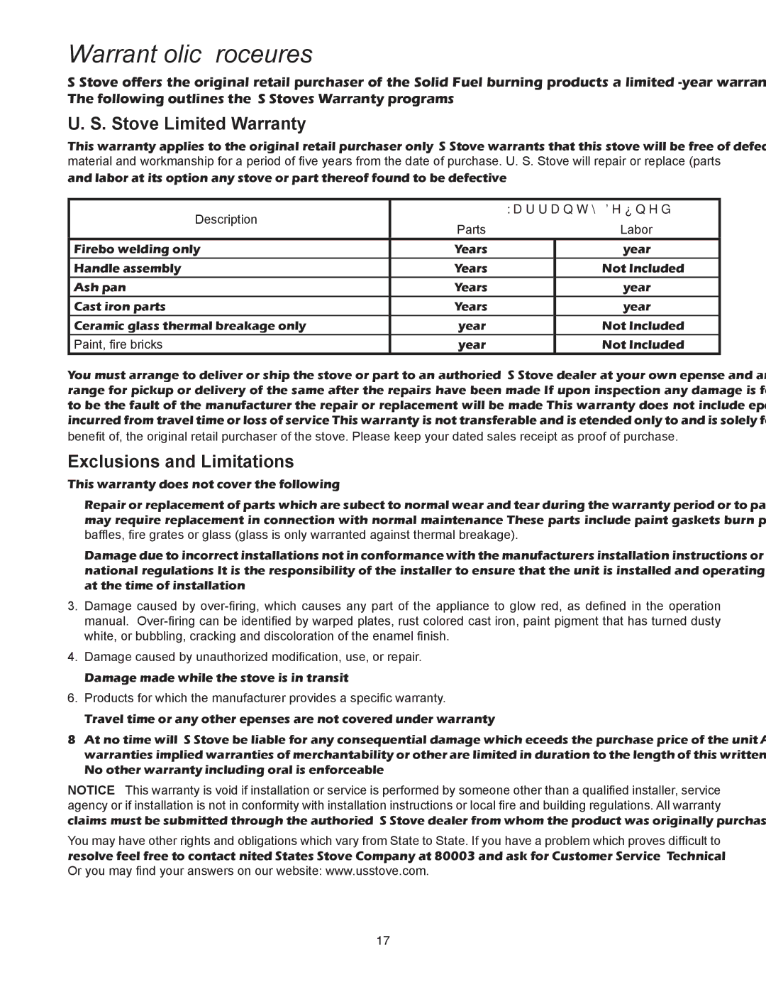 United States Stove 3800PB, 3600PB owner manual Warranty Policy & Procedures, Stove Limited Warranty 