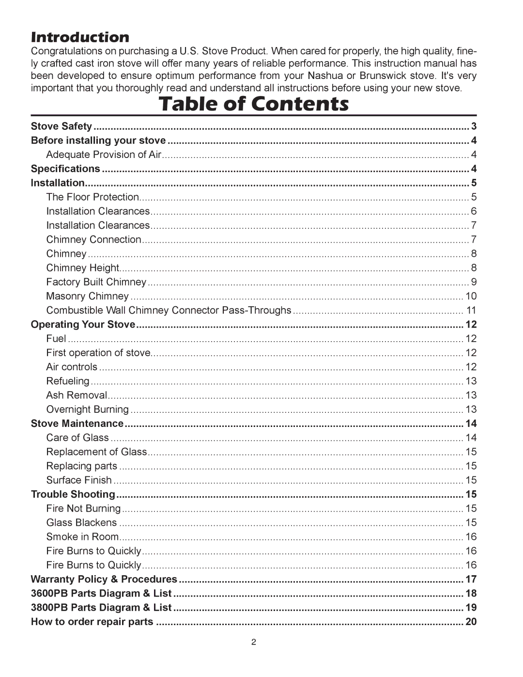 United States Stove 3600PB, 3800PB owner manual Table of Contents 