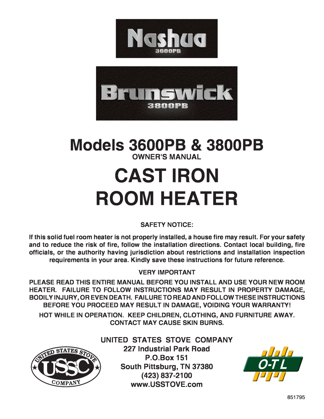 United States Stove owner manual Cast Iron Room Heater, Ussc, Models 3600PB & 3800PB, United States Stove Company 