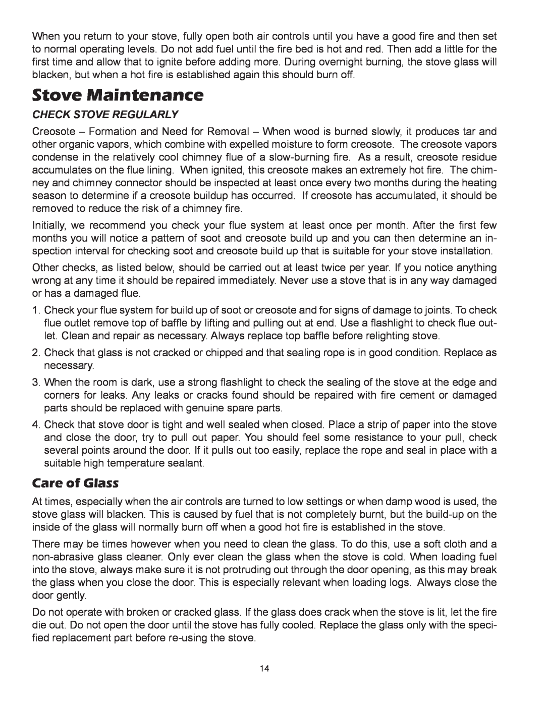 United States Stove 3600PB, 3800PB owner manual Stove Maintenance, Care of Glass, Check Stove Regularly 