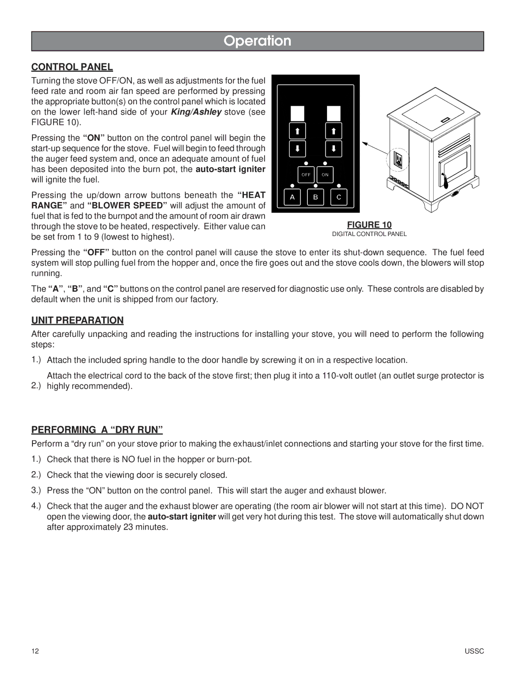 United States Stove 5500XL owner manual Control Panel, Unit Preparation, Performing a DRY RUN 