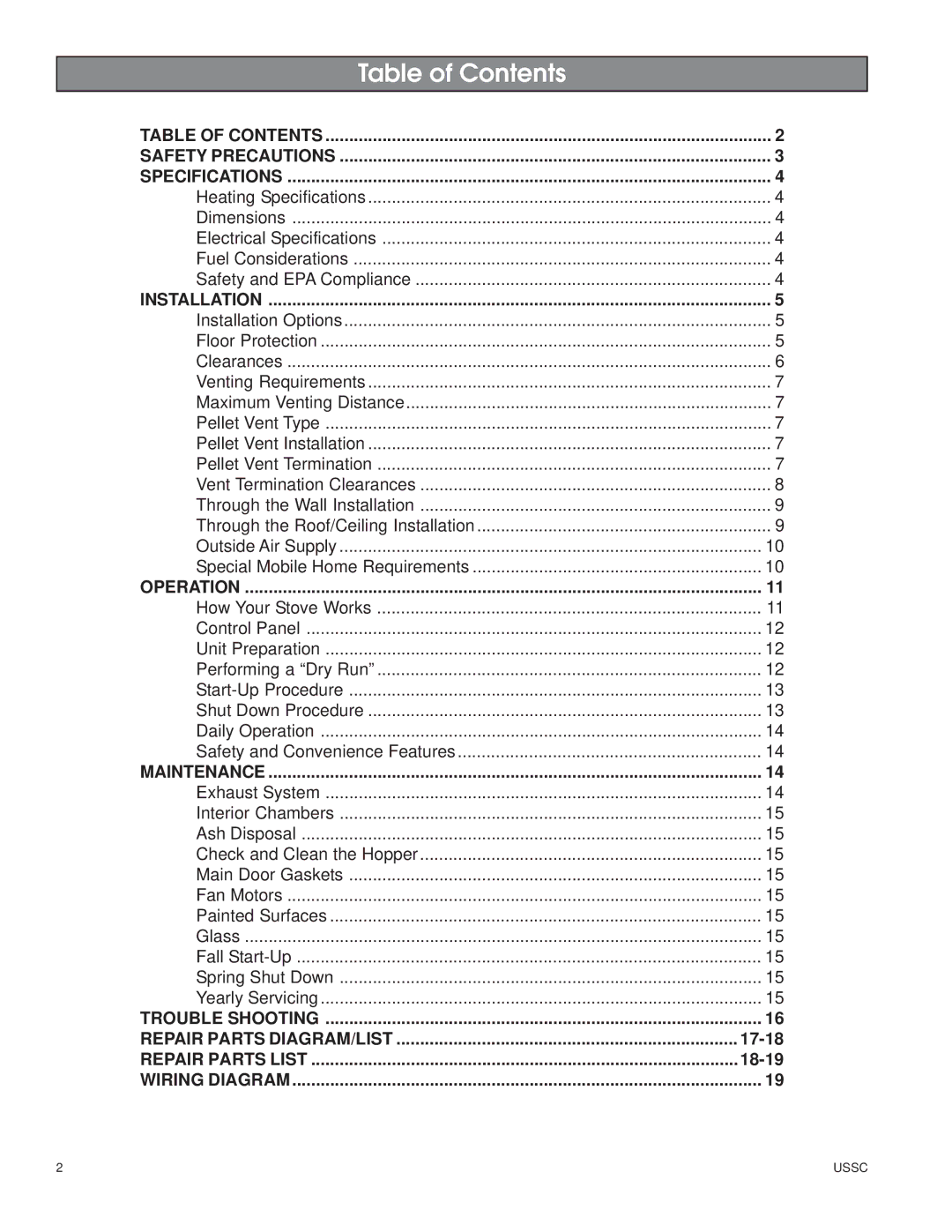 United States Stove 5500XL owner manual Table of Contents 