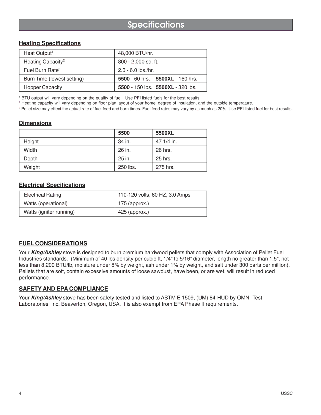 United States Stove 5500XL owner manual Specifications, Fuel Considerations, Safety and EPA Compliance 