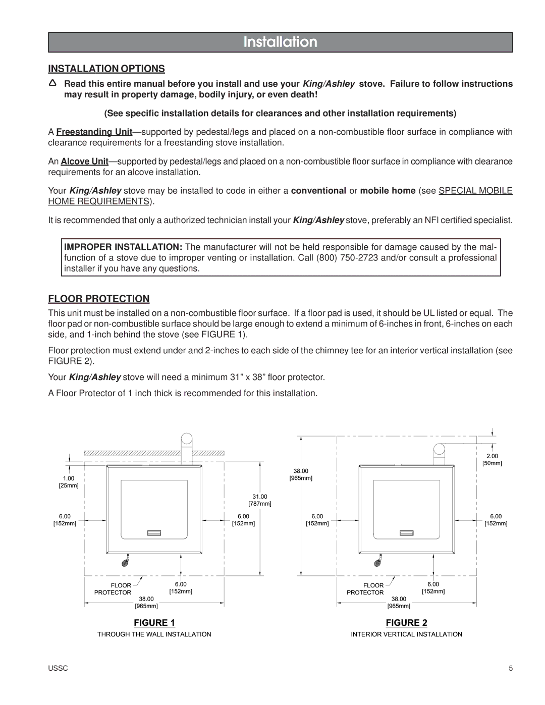 United States Stove 5500XL owner manual Installation Options, Floor Protection 