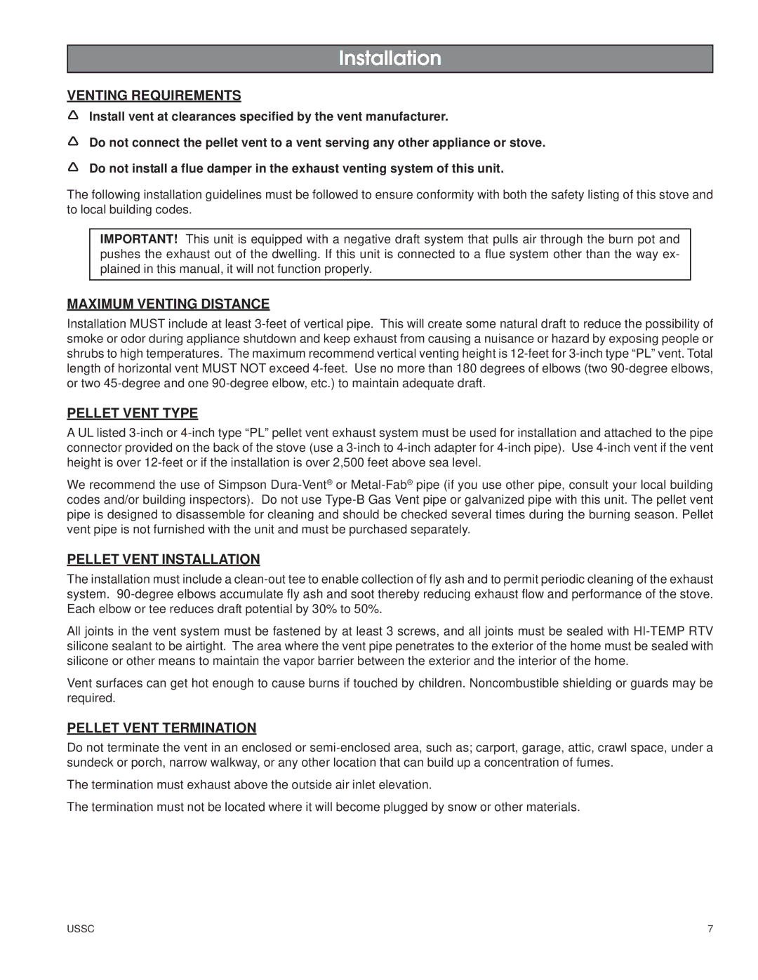 United States Stove 5500XL Venting Requirements, Maximum Venting Distance, Pellet Vent Type, Pellet Vent Installation 