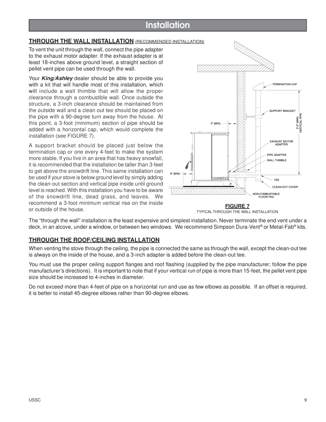 United States Stove 5500XL Through the Wall Installation Recommended Installation, Through the ROOF/CEILING Installation 