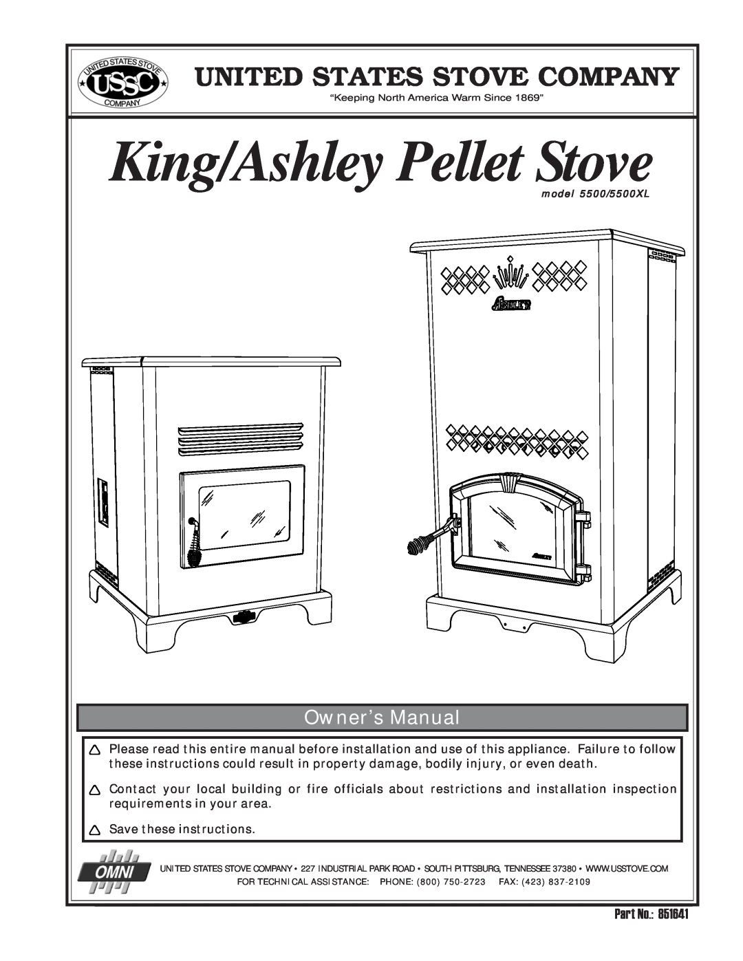 United States Stove 5500XL owner manual King/Ashley Pellet Stove, United States Stove Company 