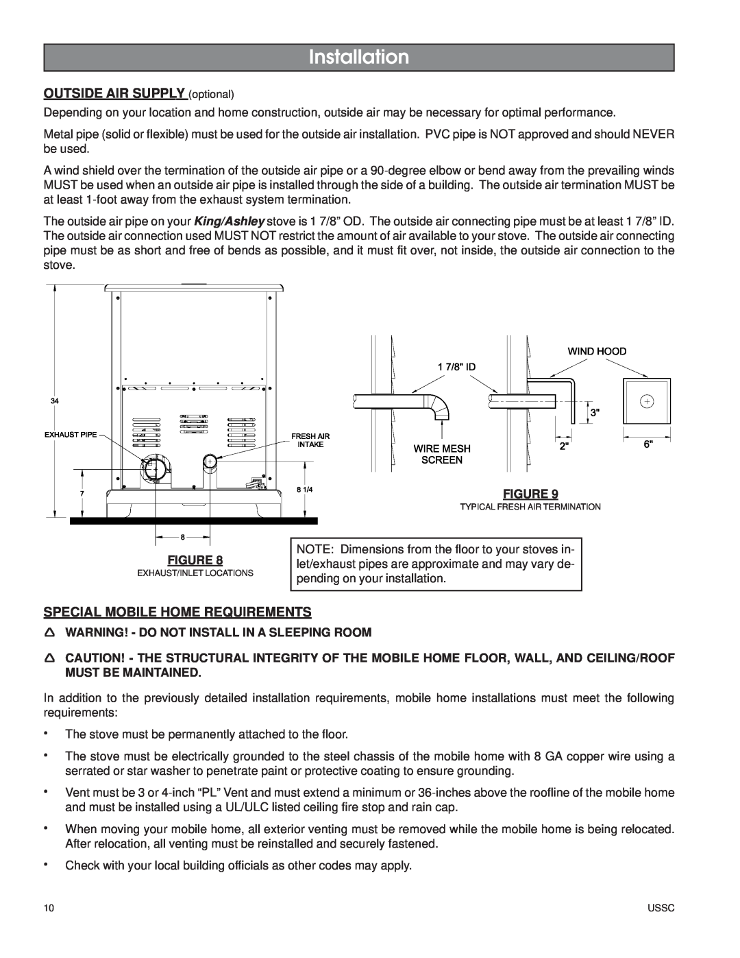 United States Stove 5500XL owner manual Installation, OUTSIDE AIR SUPPLYoptional, Special Mobile Home Requirements 