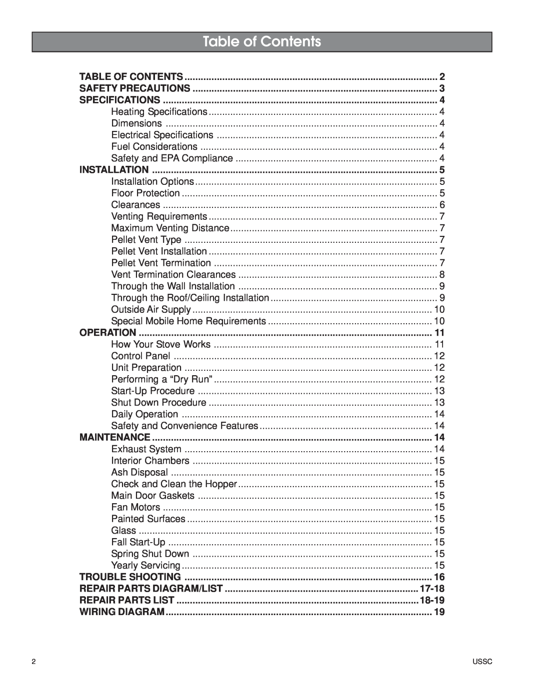 United States Stove 5500XL owner manual Table of Contents, Repair Parts Diagram/List, 17-18, Repair Parts List, 18-19 