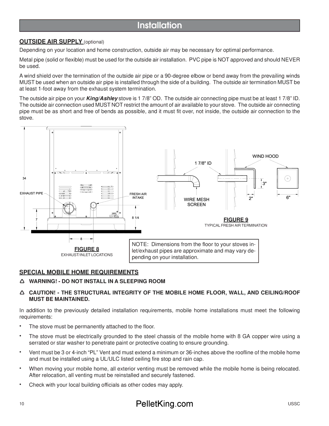 United States Stove 5500/5500XL owner manual Outside AIR Supply optional, Special Mobile Home Requirements 