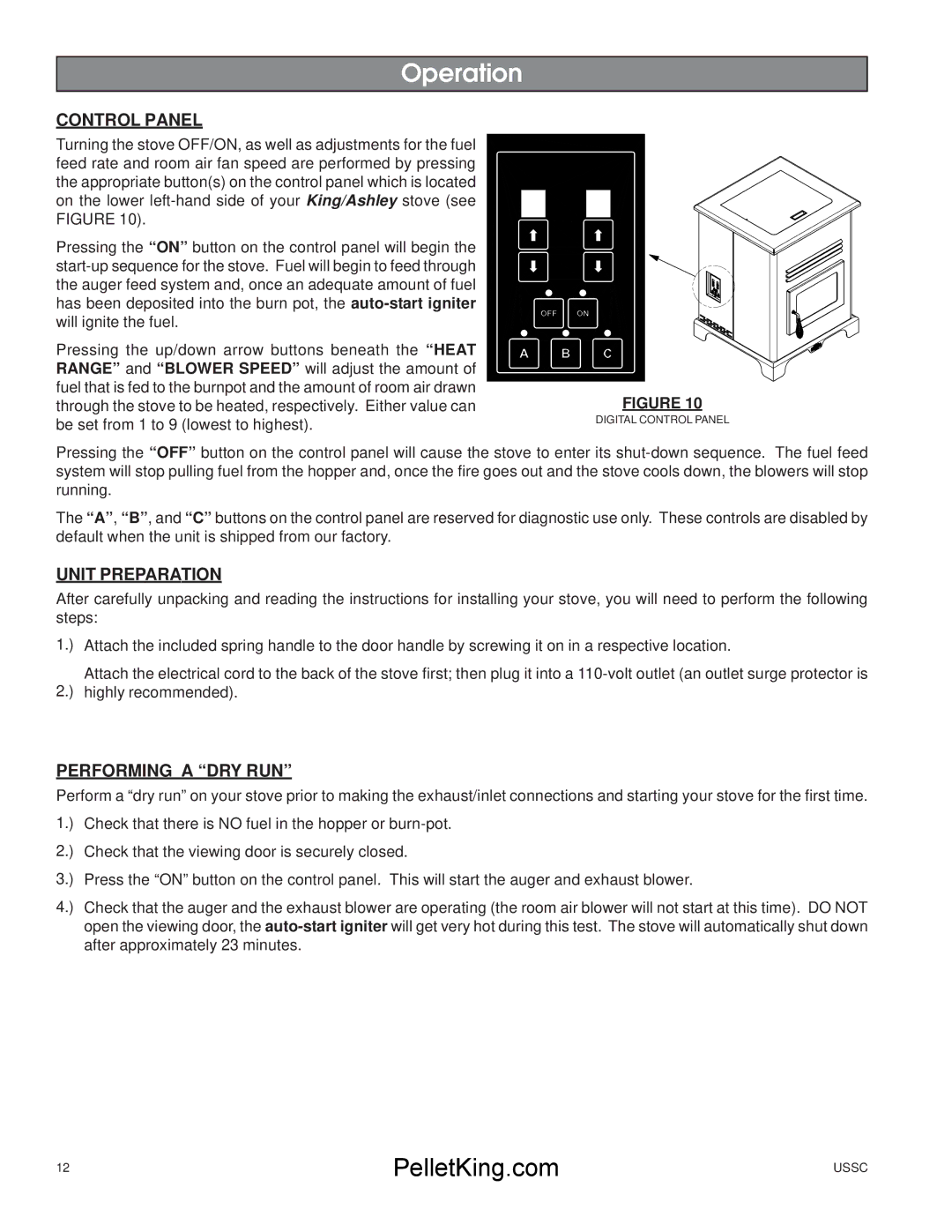 United States Stove 5500/5500XL owner manual Control Panel, Unit Preparation, Performing a DRY RUN 