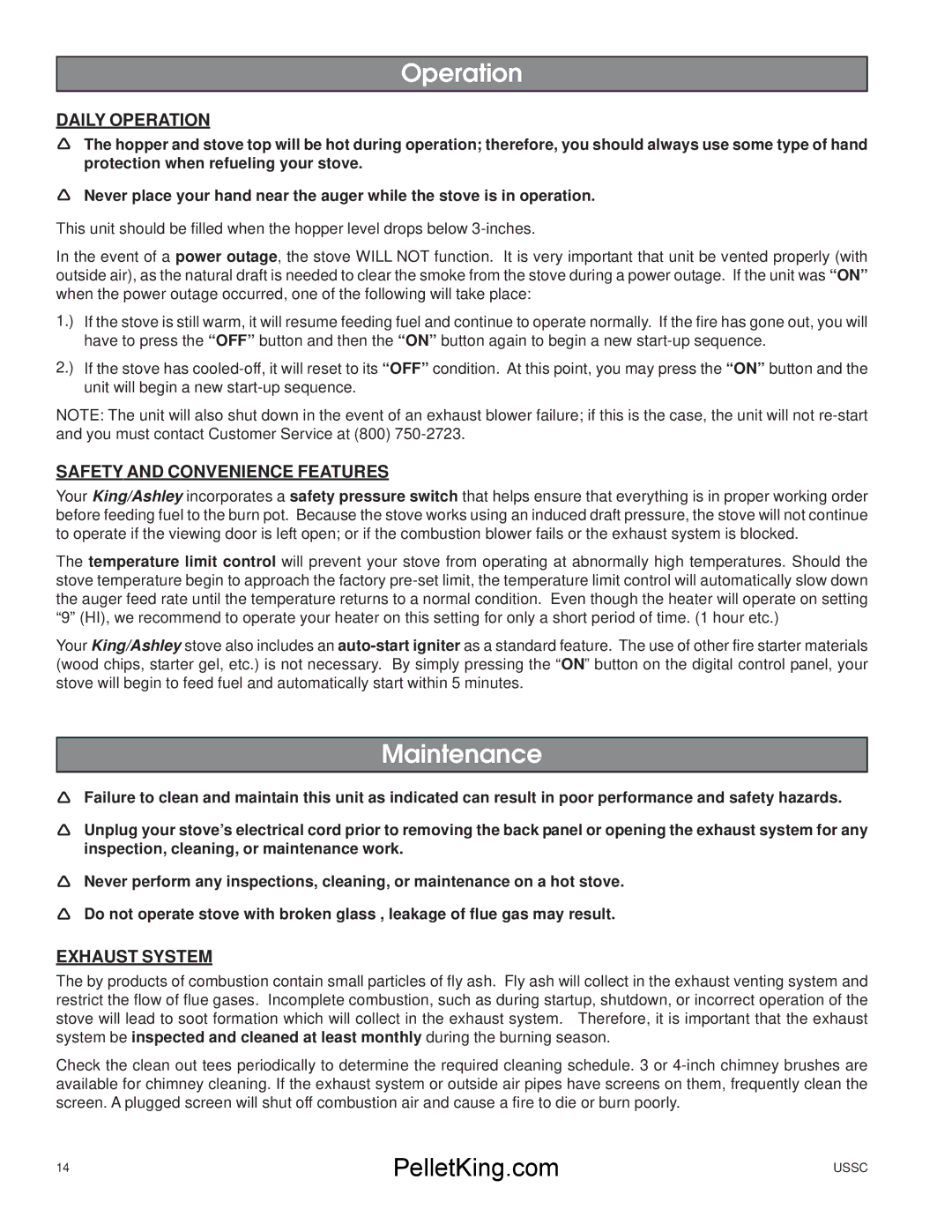 United States Stove 5500/5500XL owner manual Maintenance, Daily Operation, Safety and Convenience Features, Exhaust System 