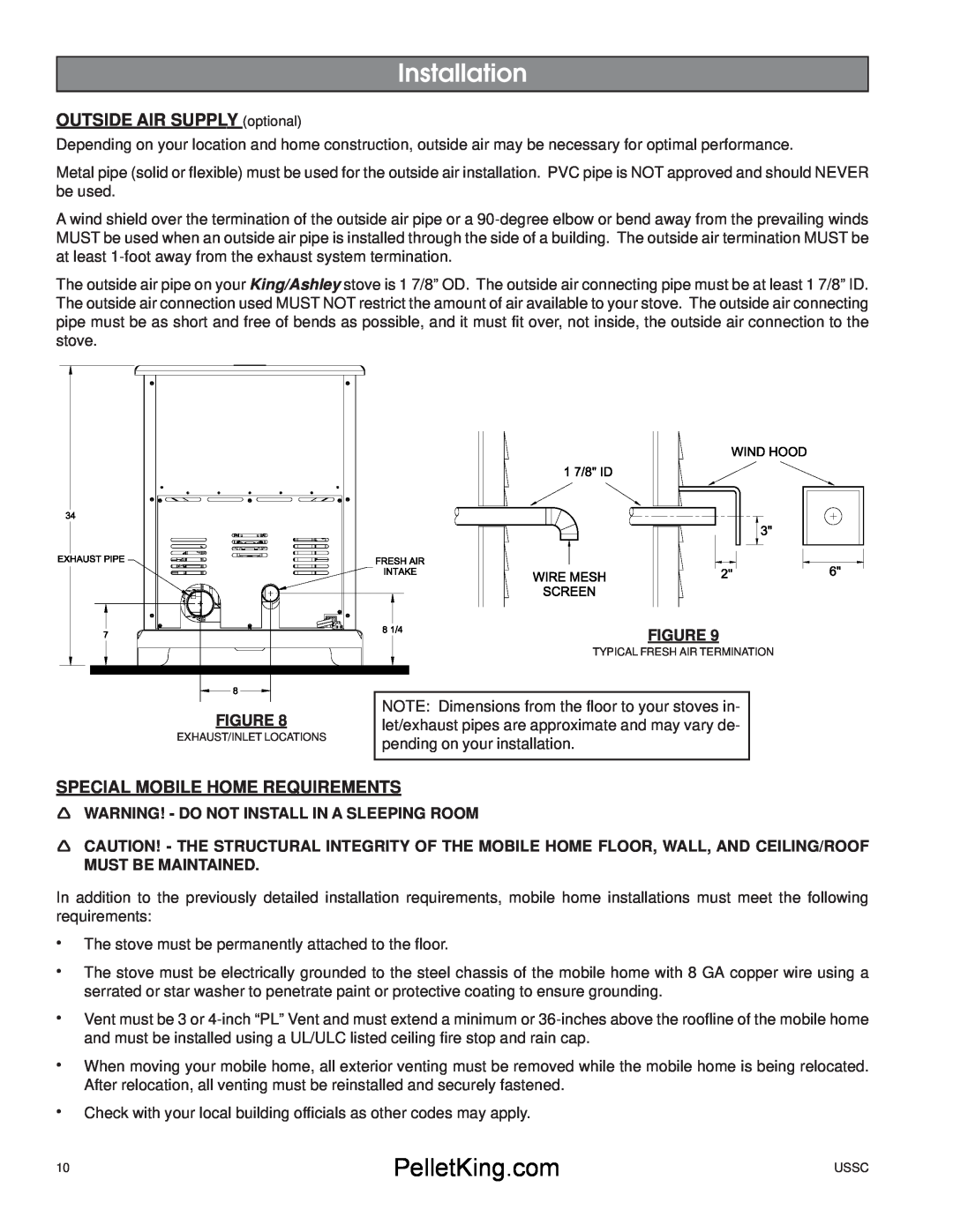 United States Stove 5500/5500XL owner manual Installation, OUTSIDE AIR SUPPLYoptional, Special Mobile Home Requirements 