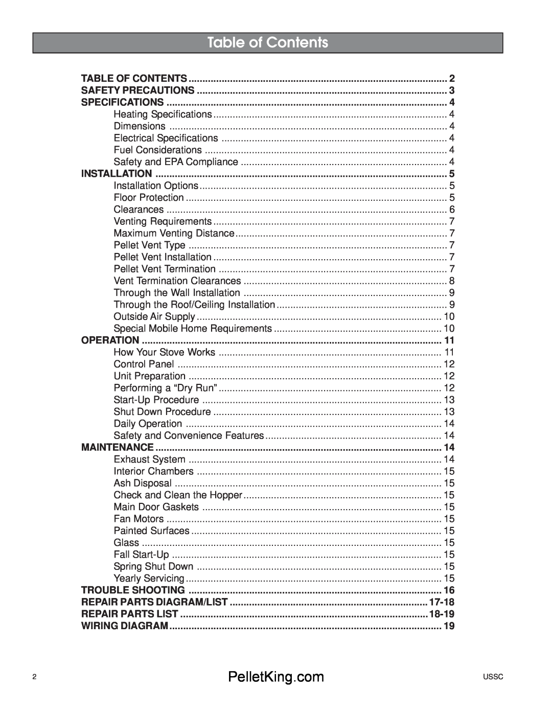 United States Stove 5500/5500XL owner manual Table of Contents, Repair Parts Diagram/List, 17-18, Repair Parts List, 18-19 