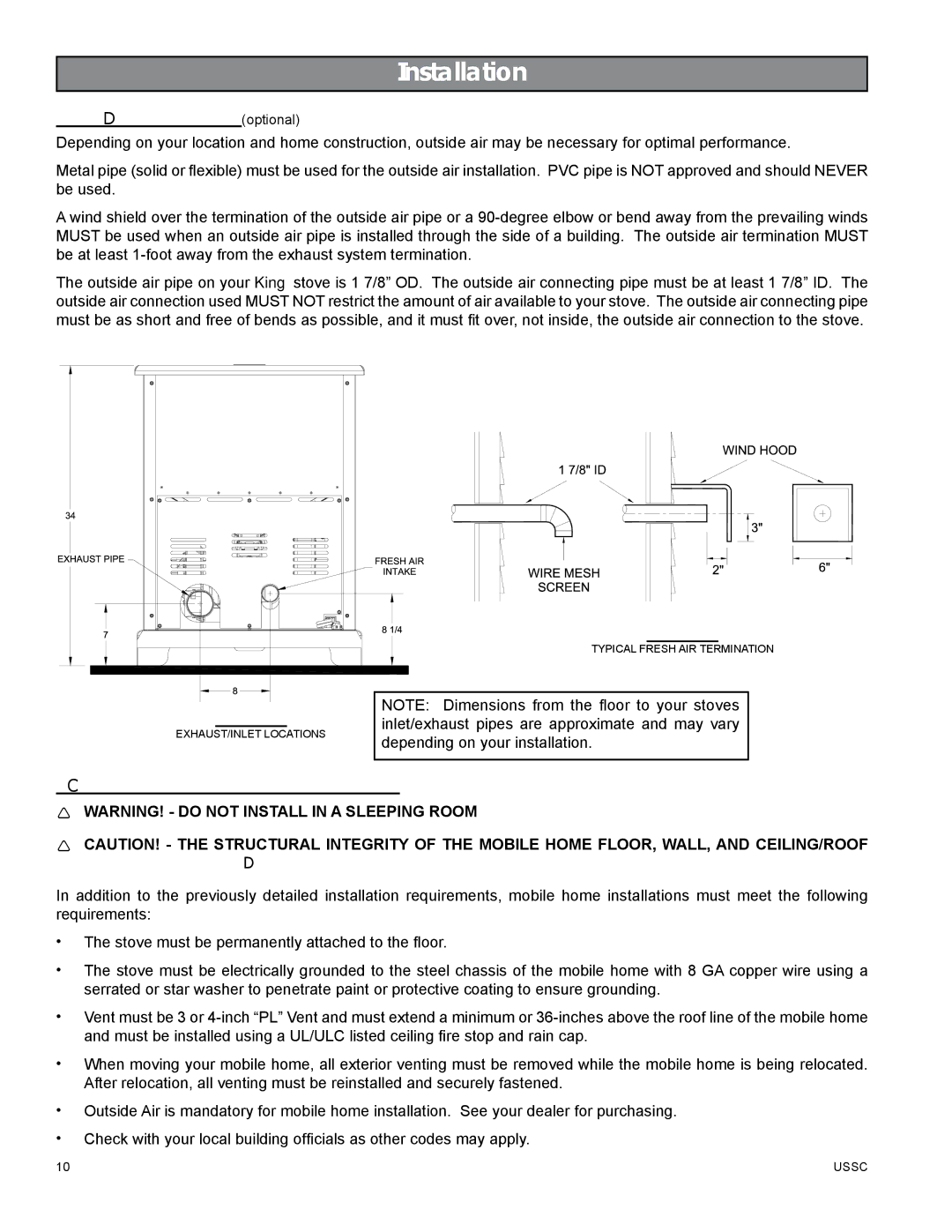 United States Stove 5510 owner manual Outside Air Supply optional, Special Mobile Home Requirements 