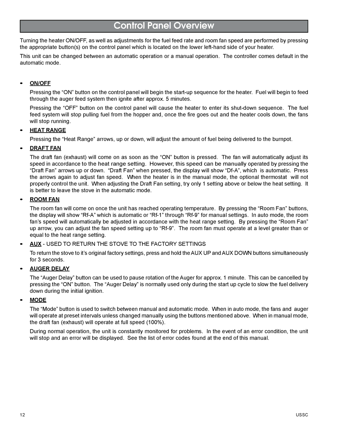 United States Stove 5510 owner manual Control Panel Overview, On/Off 