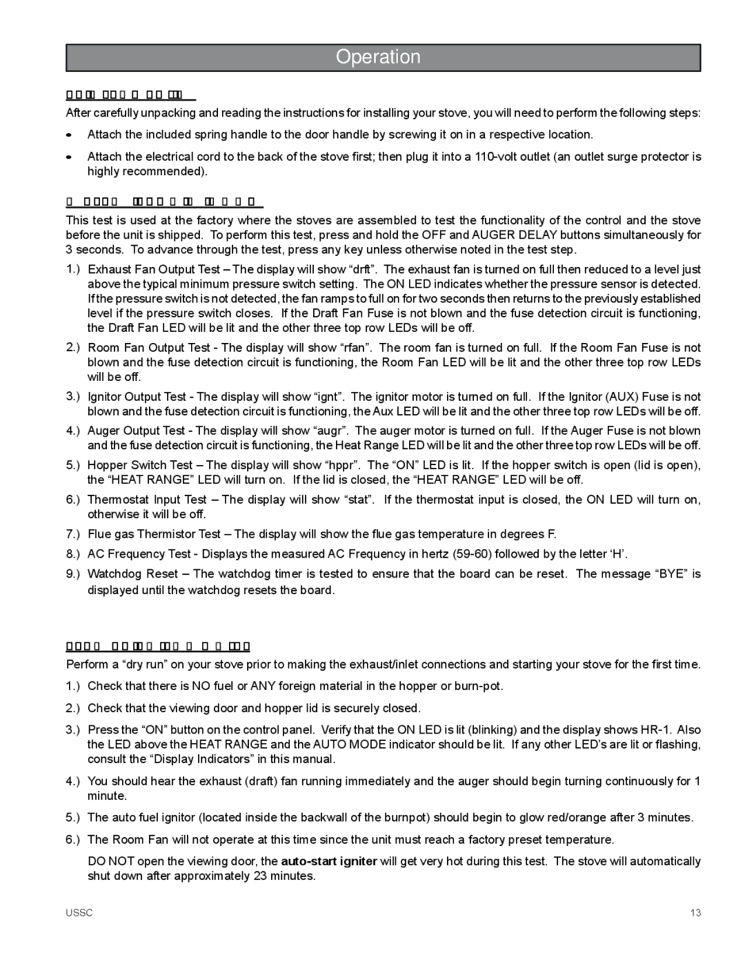 United States Stove 5510 owner manual Operation, Unit Preparation, Perfroming AN Intial Test, Performing a dry run 