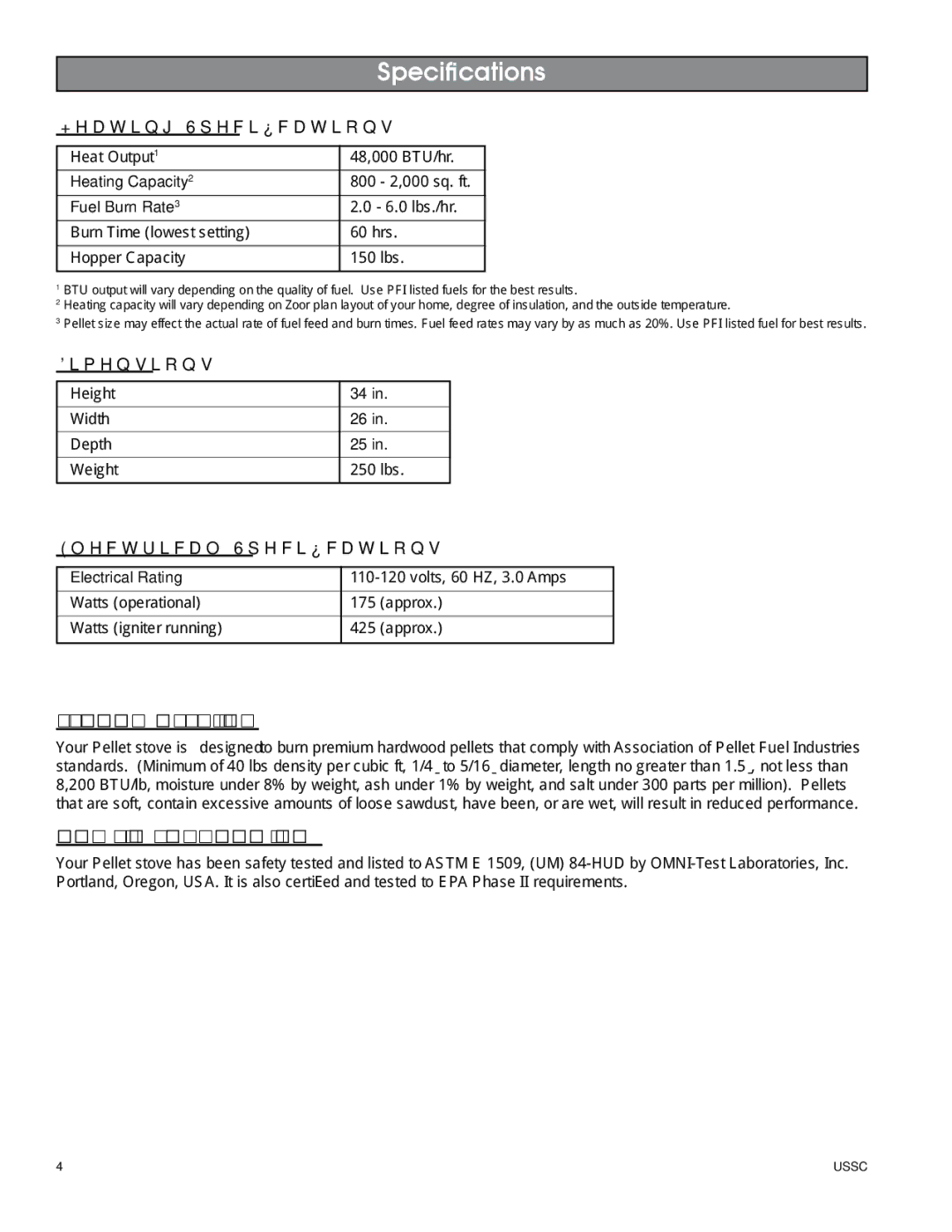 United States Stove 5510 owner manual Specifications, Fuel Considerations, Safety and EPA Compliance 