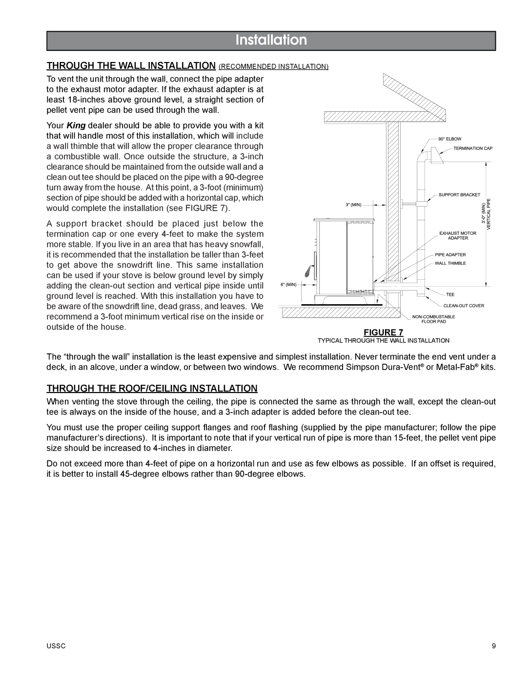 United States Stove 5510 Through the Wall Installation Recommended installation, Through the roof/Ceiling Installation 