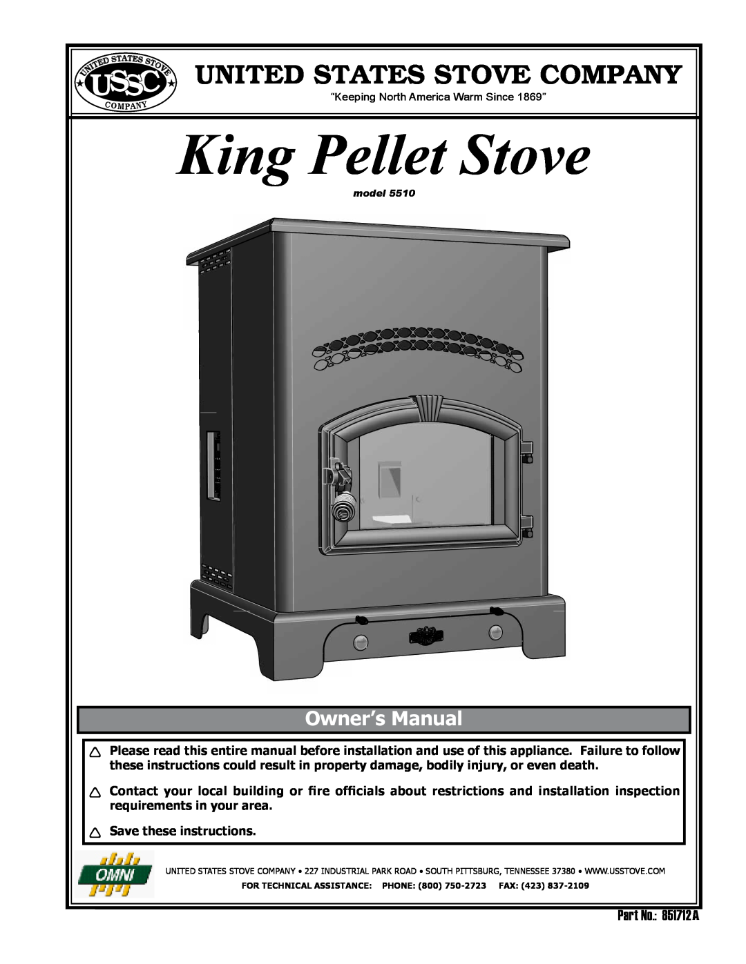 United States Stove 5510 owner manual King Pellet Stove, Ussc, United States Stove Company, Part No. 851712 A1, model 